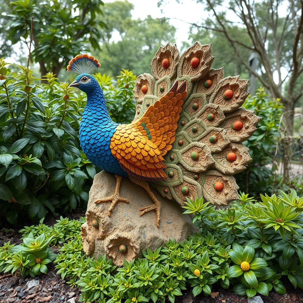 Pumice Stone Peacock Dances in Surreal Garden
