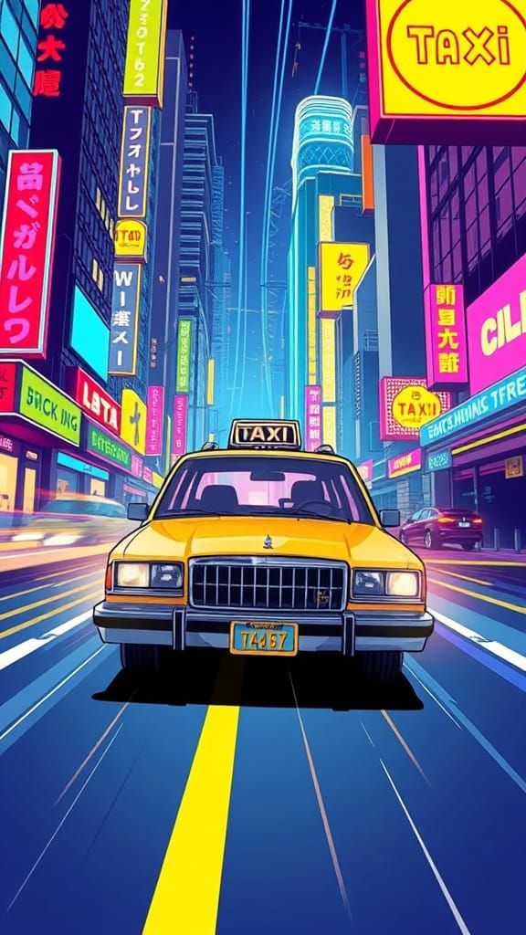 1980s Neon City Taxi in Vibrant Cartoon Style