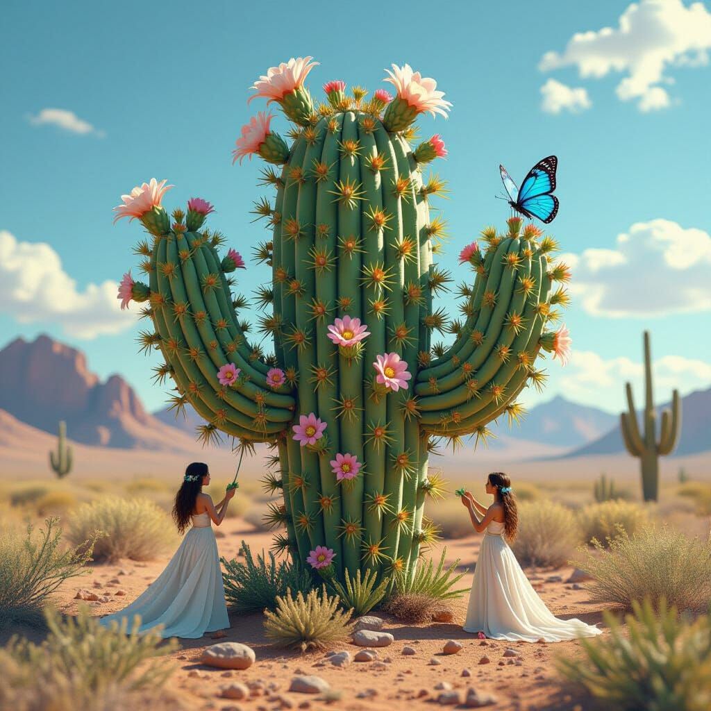 Hyperrealistic Cactus with Fairy Garden and Blue Butterfly