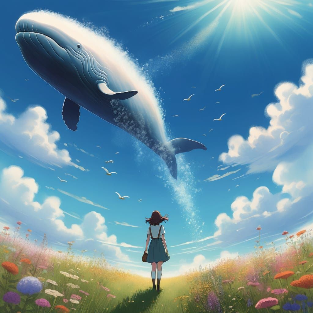 Girl and Cloud Whale in Ghibli Style