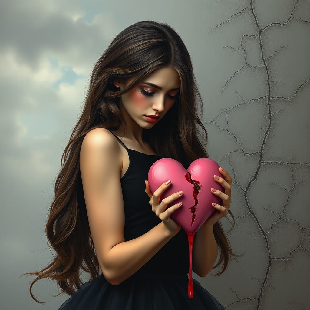 Sorrowful Woman with Broken Heart in Digital Oil Painting