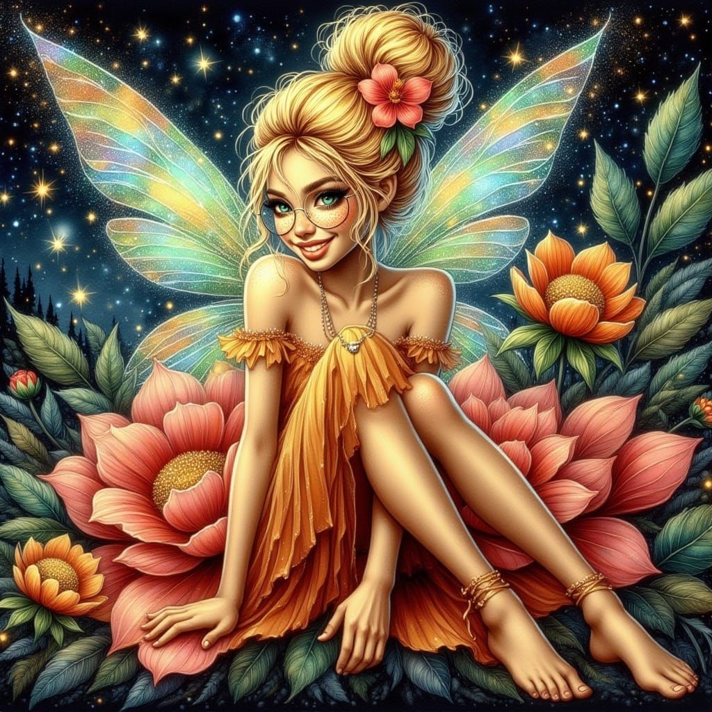 Hyperrealistic Fairy Portrait with Glitter and Fireflies