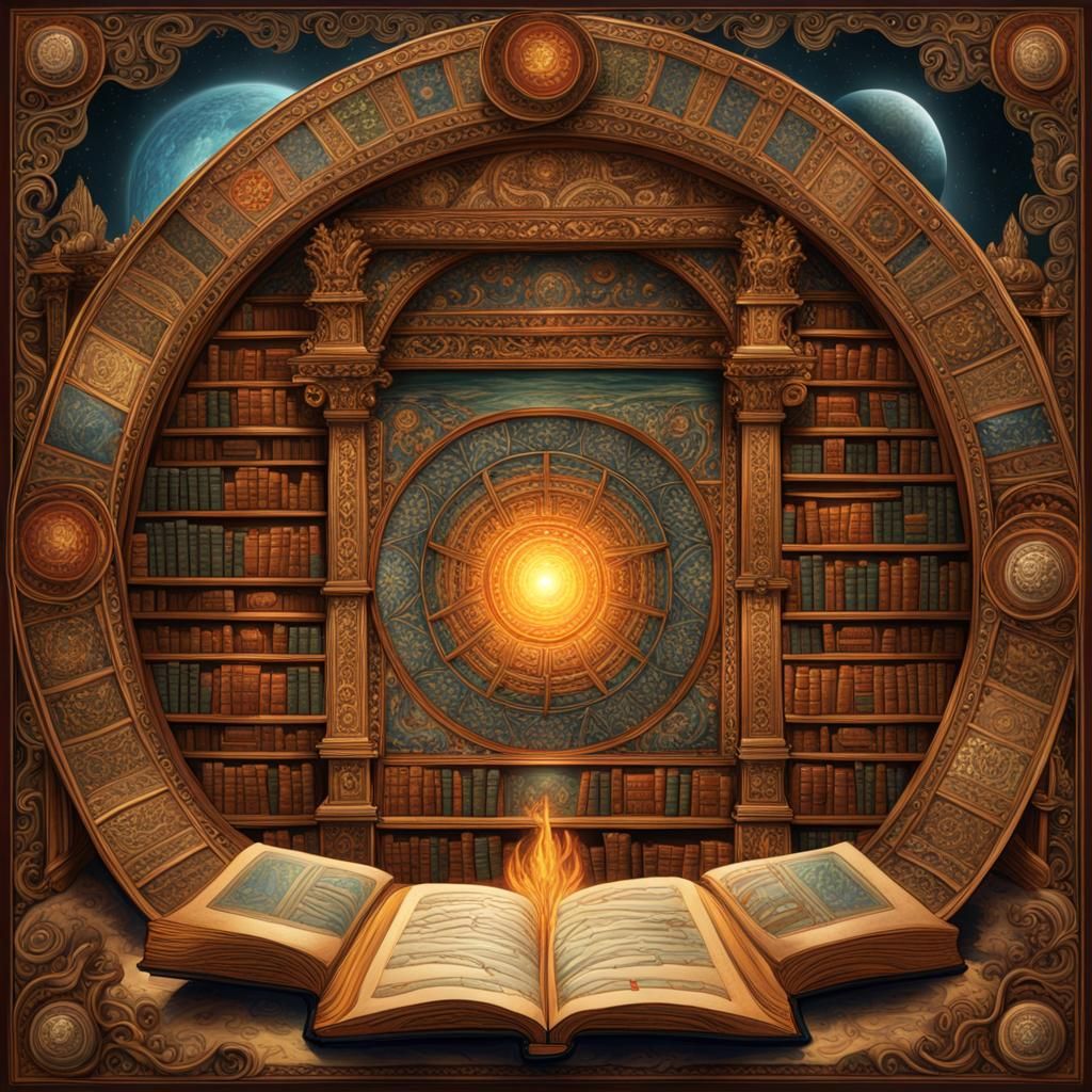 Ancient Library with Glowing Book and Mandalas
