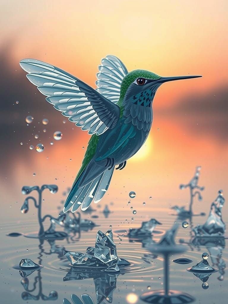 Vibrant Ice Hummingbird in Pastel Sunrise Over Swamp
