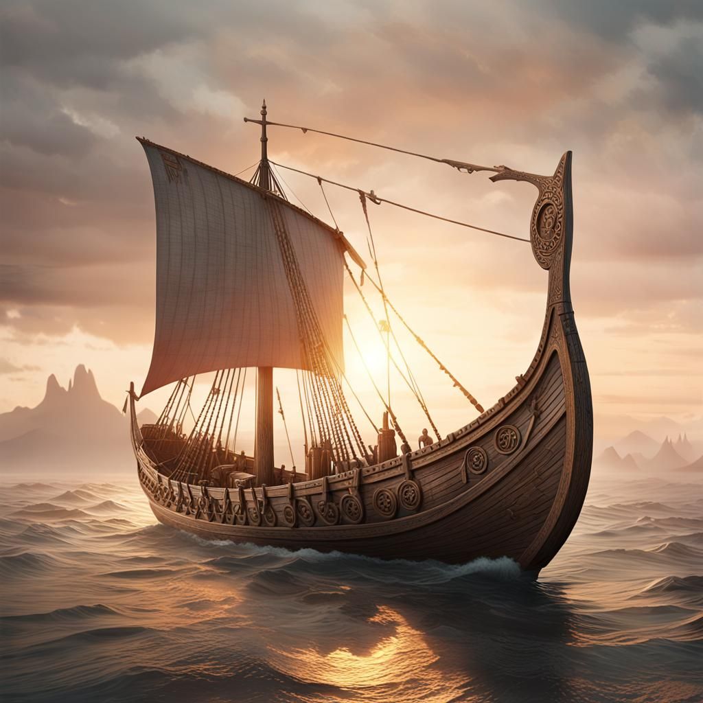 Viking Ship at Sunrise in Cinematic Style
