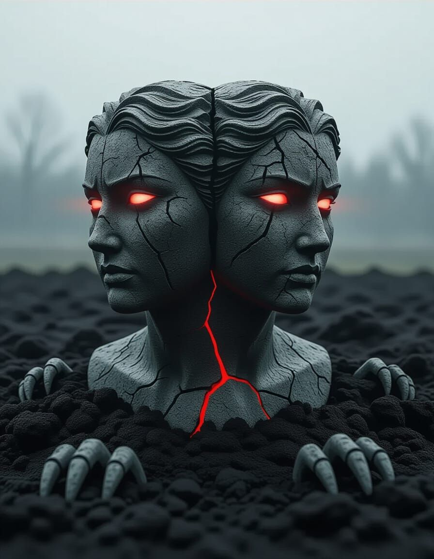 Dual-Faced Statue Emits Red Light from Dark Soil