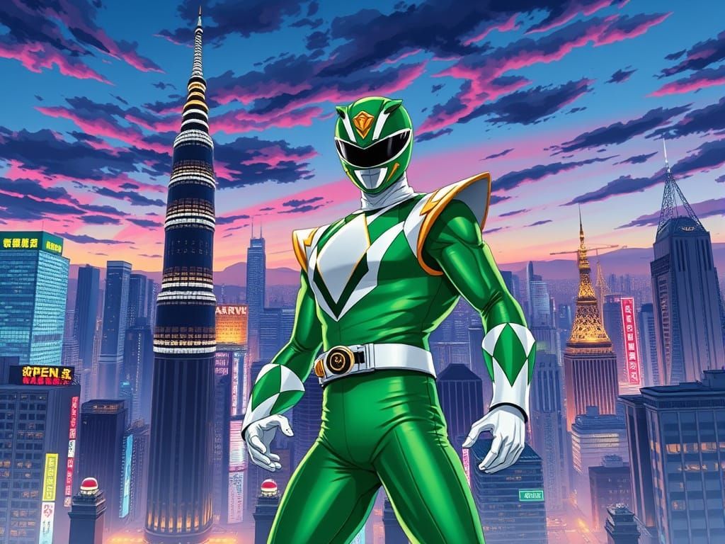 Heroic Green Ranger Dominates Tokyo Cityscape