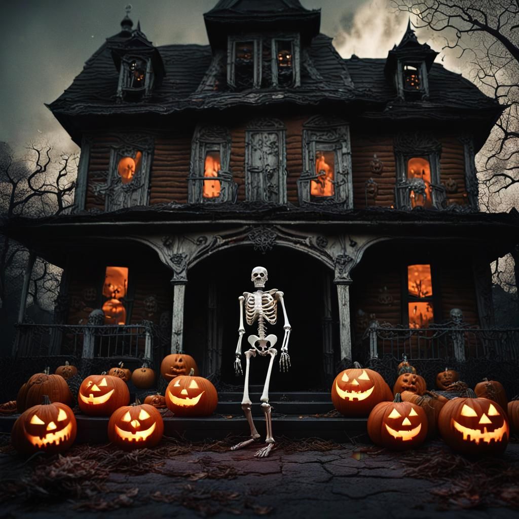 Eerie Skeleton at Haunted House Entrance