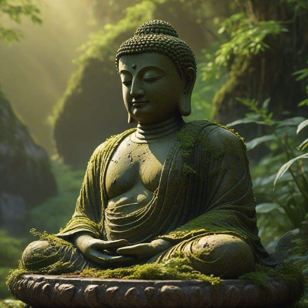 Moss-Covered Buddha in Ethereal Golden Light