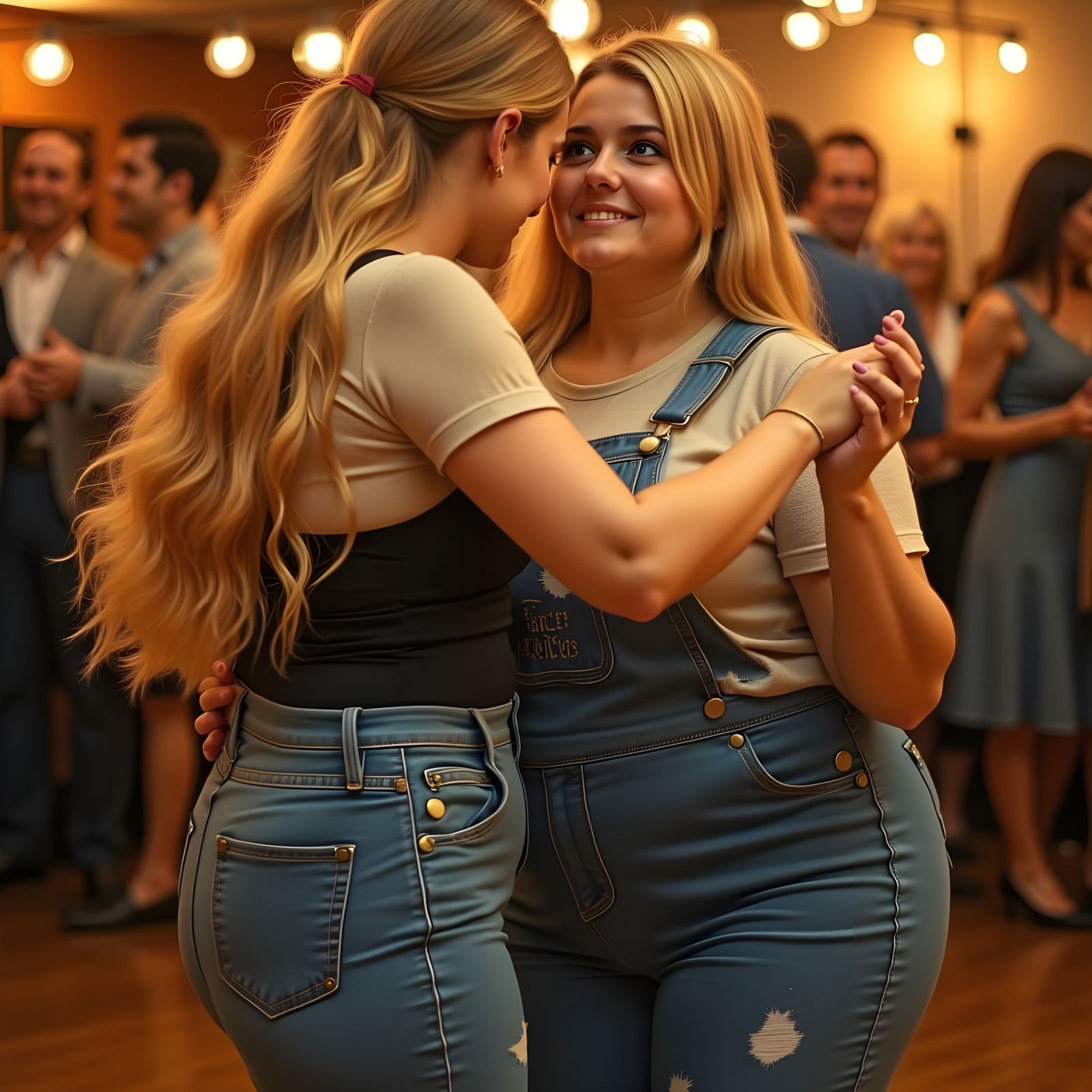 Chubby Blonde Woman Dancing in Overalls