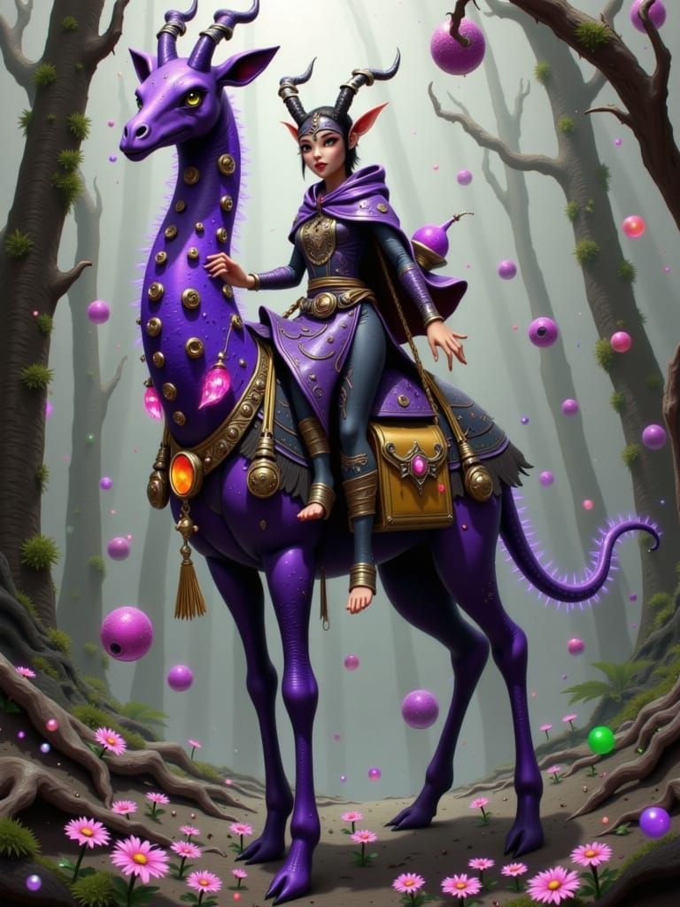 Fox Merchant on Two-Headed Giraffe in Fantasy Style