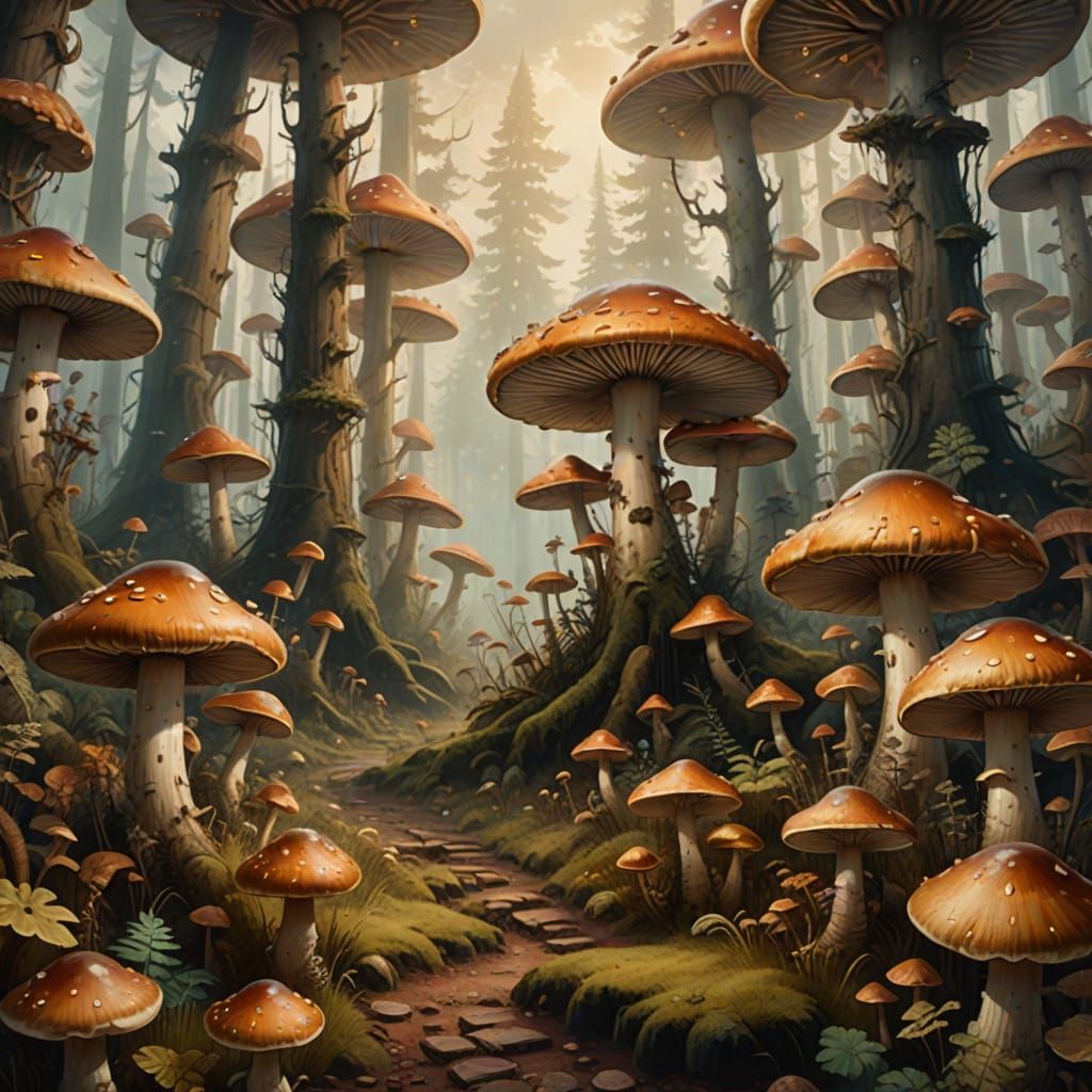 Fantastical Oil Painting of a Whimsical Mushroom Forest