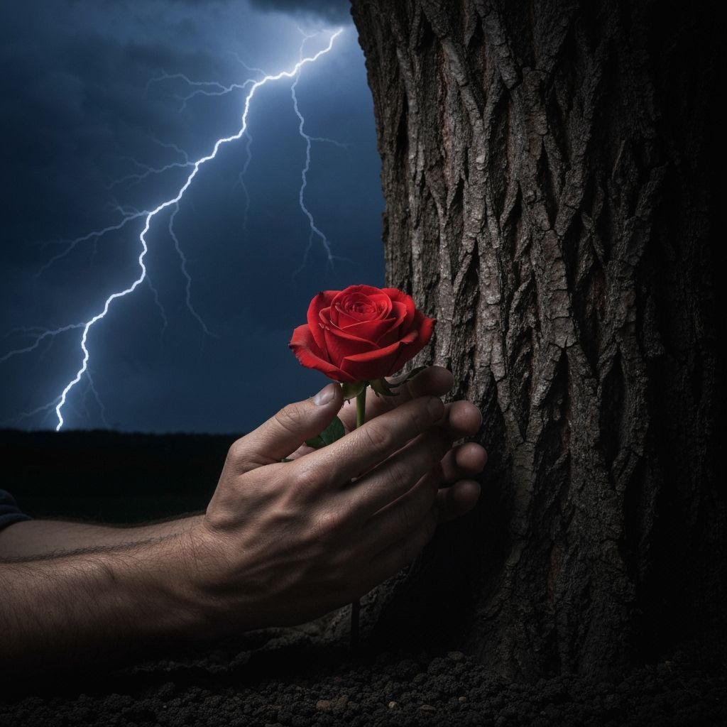 Laborer's Hands: Red Rose in a Dark Landscape