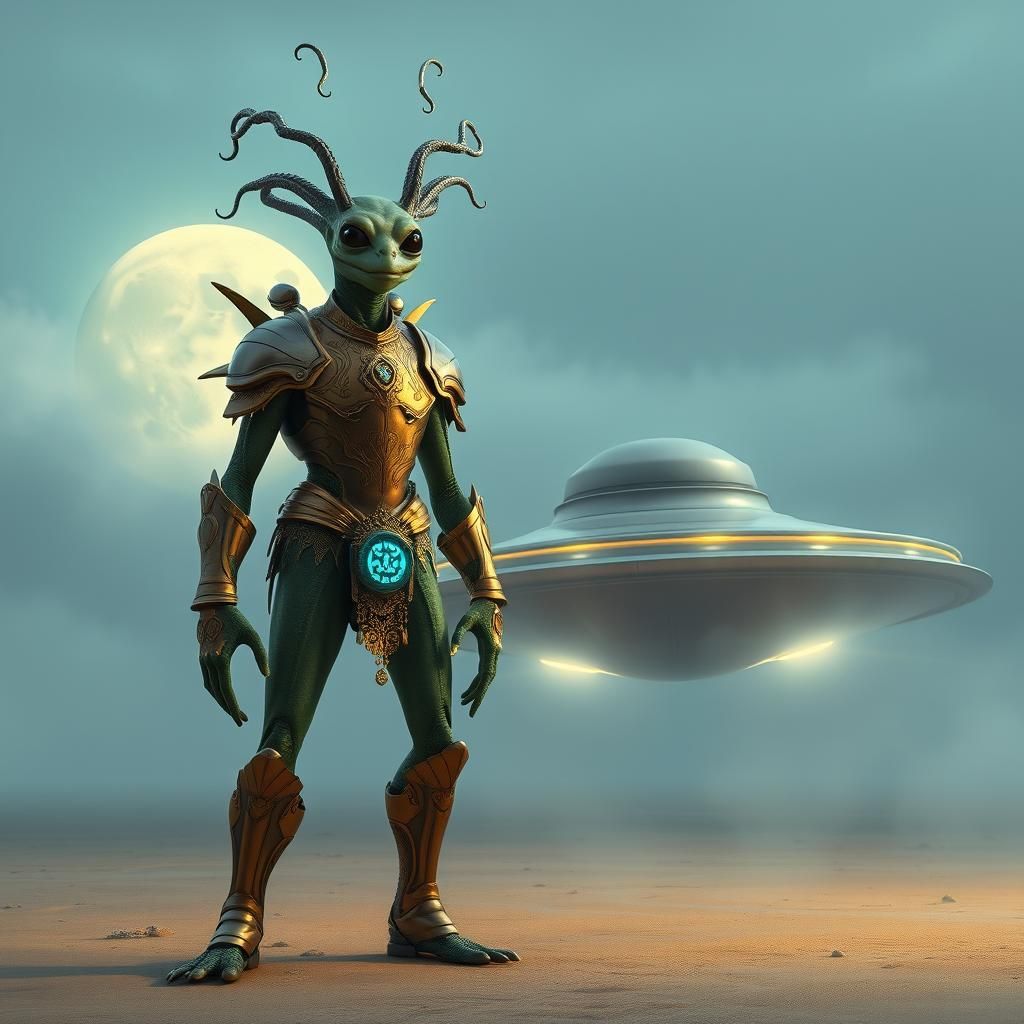 Armored Alien Frog Beside UFO on Seashore