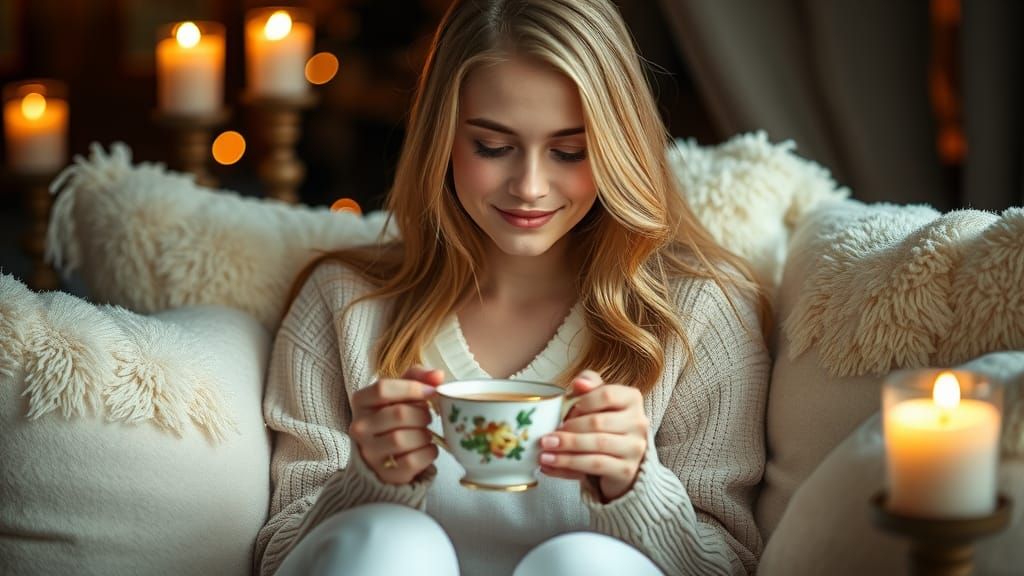 Woman Sipping Tea in Candlelight: Serene Golden Portrait