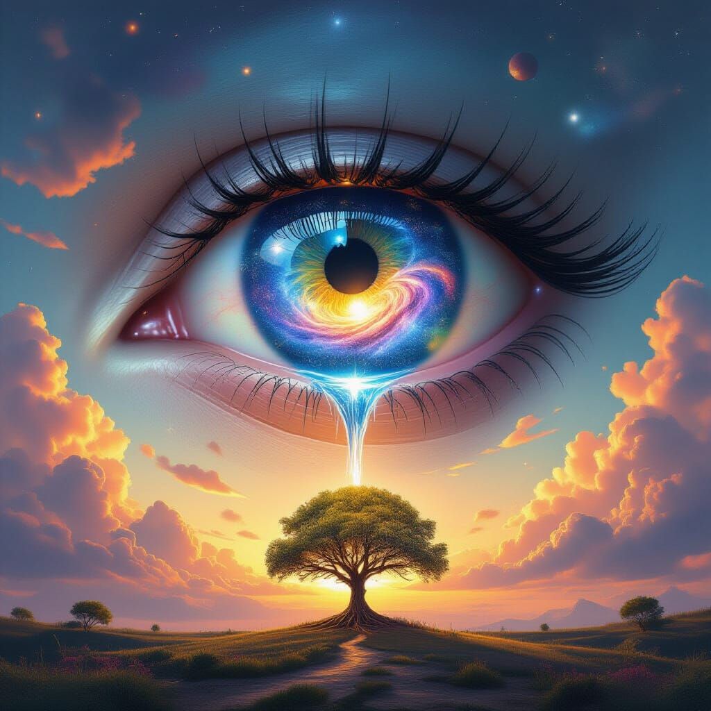 Surreal Eye Sheds Galaxy Tear, Transforms into Light Tree