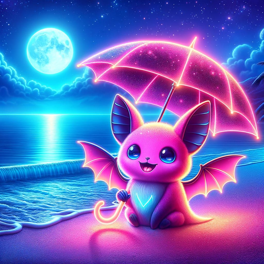Neon Pink Bat on Tropical Beach at Night