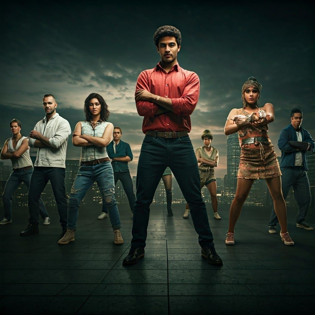 Dynamic Flash Mob Dancers in Cityscape at Dusk