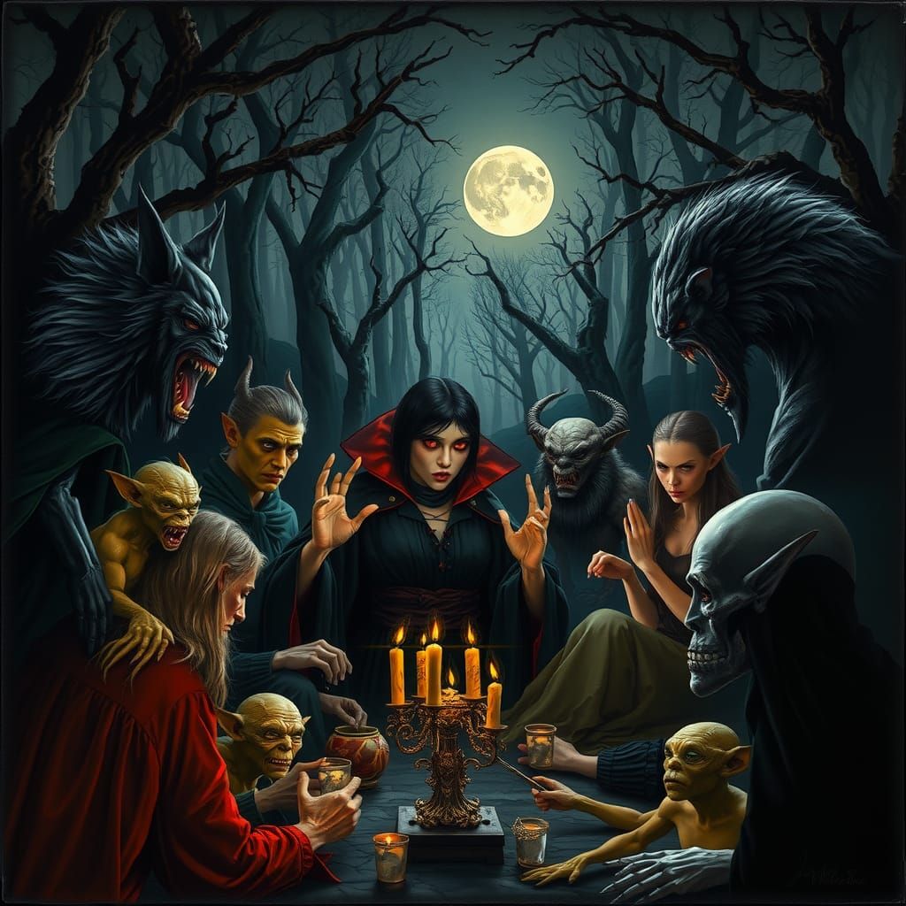 Mystical Gathering in Eerie Fantasy Landscape