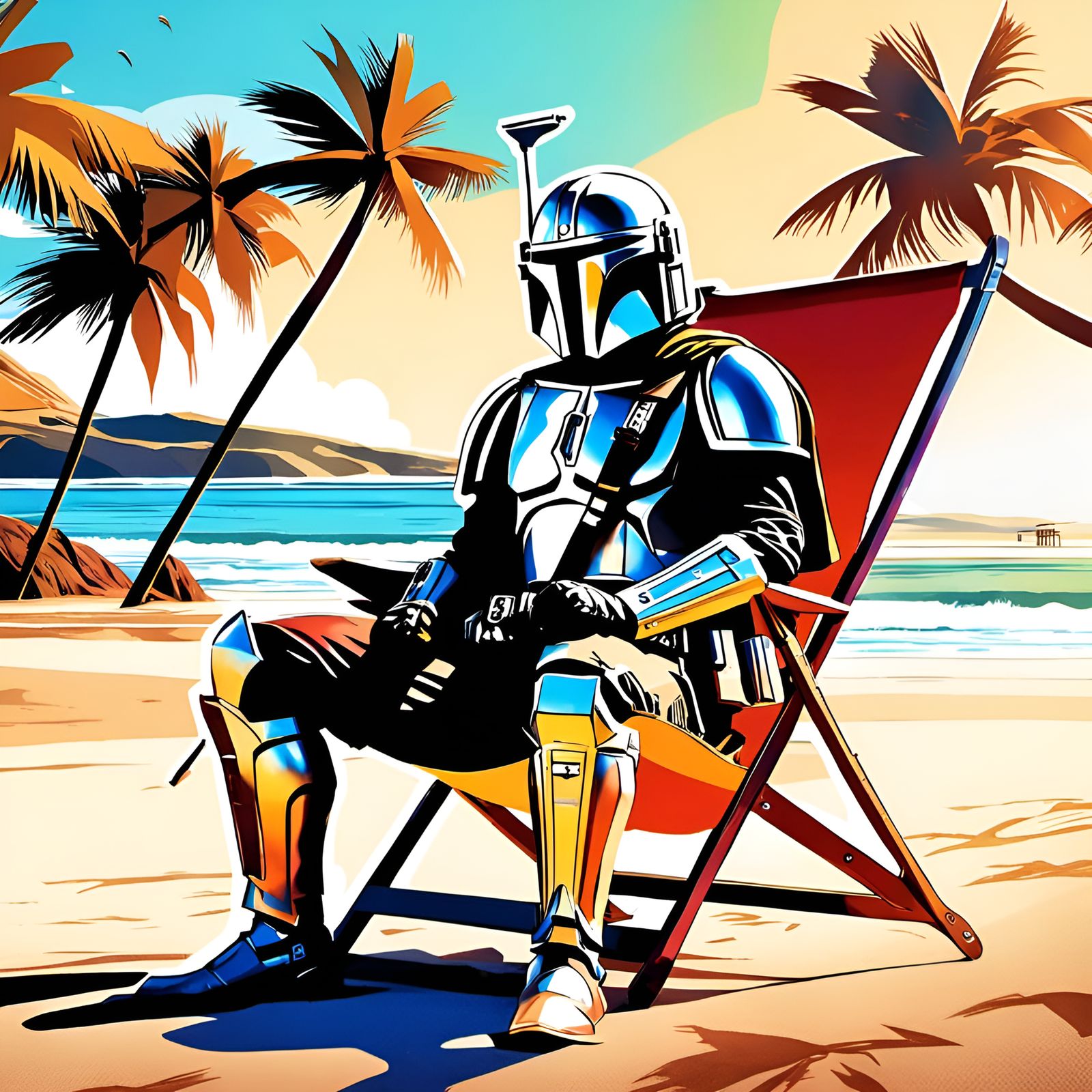 Mandalorian Beach Portrait in Comic Book Style