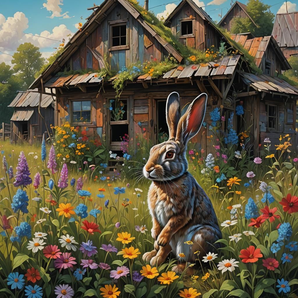 Giant Rabbit and Shack in Detailed, Vivid Style
