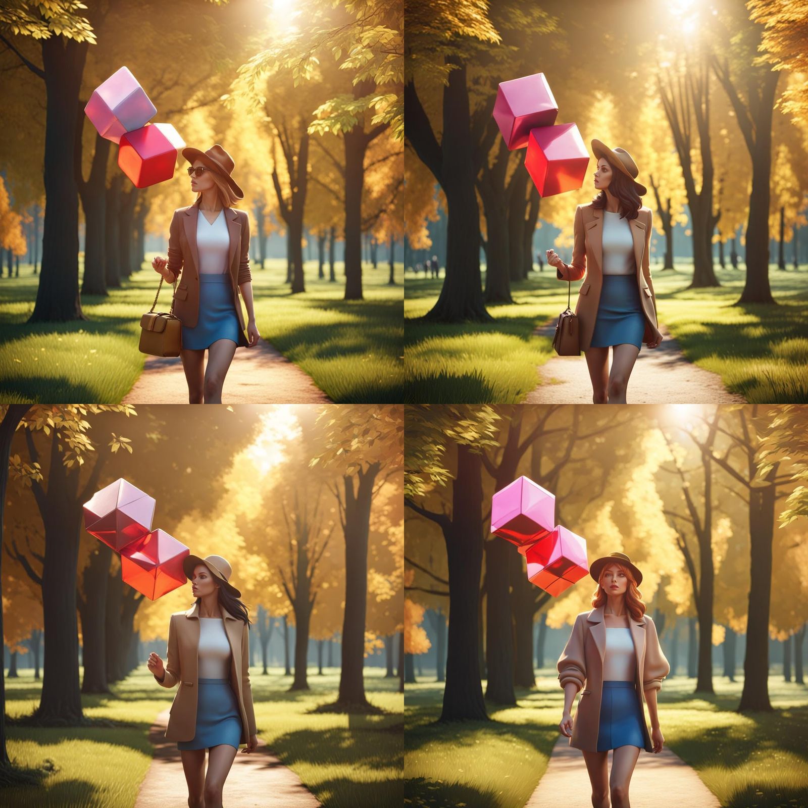 Sad Woman with Cube in Park, Digital Art
