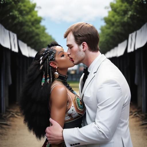 Interracial Embrace in Ruined City Landscape
