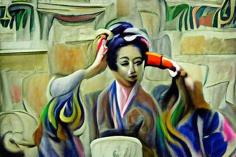 Geisha Combing Hair in Fauvism Style