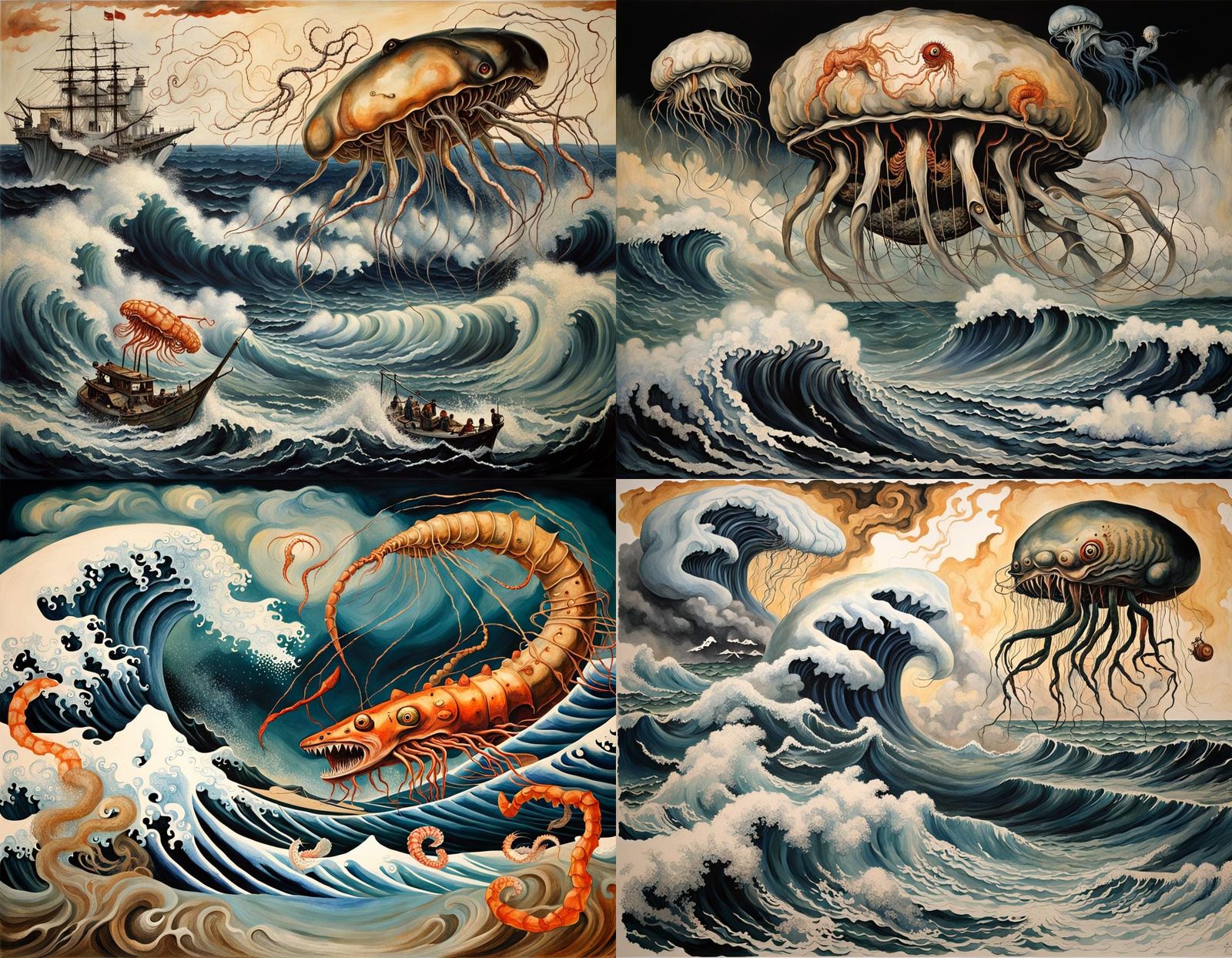 Surreal Ocean Battle in Japanese Art Style