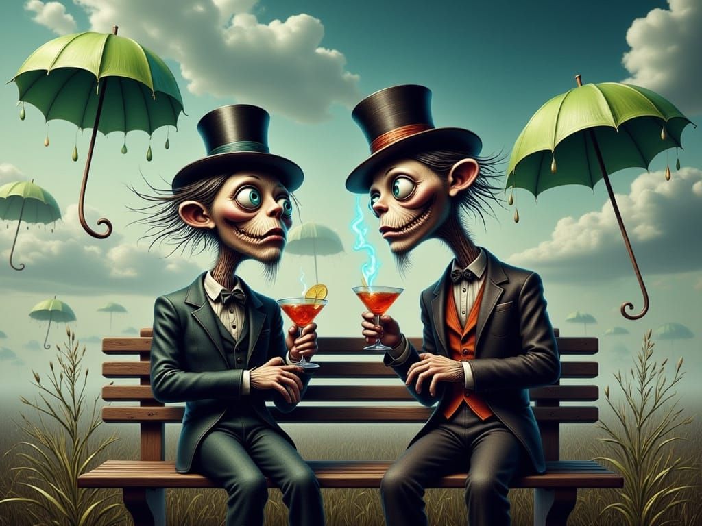 Scarecrows Sip Cocktails in Surreal Dreamscape