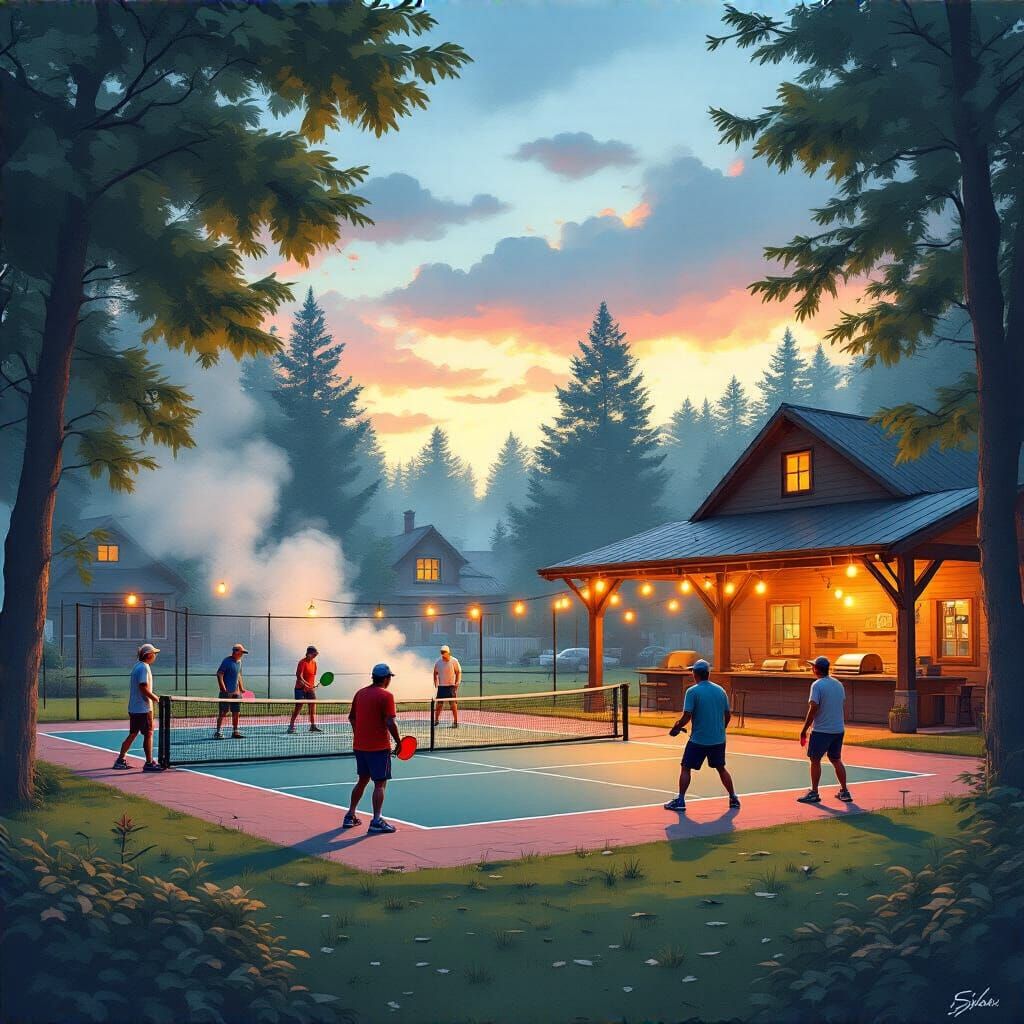 Hyperrealistic Pickleball Game in Steamy Pavilion