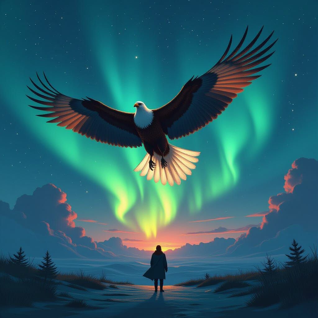 Majestic Phoenix Flight Under Aurora Borealis