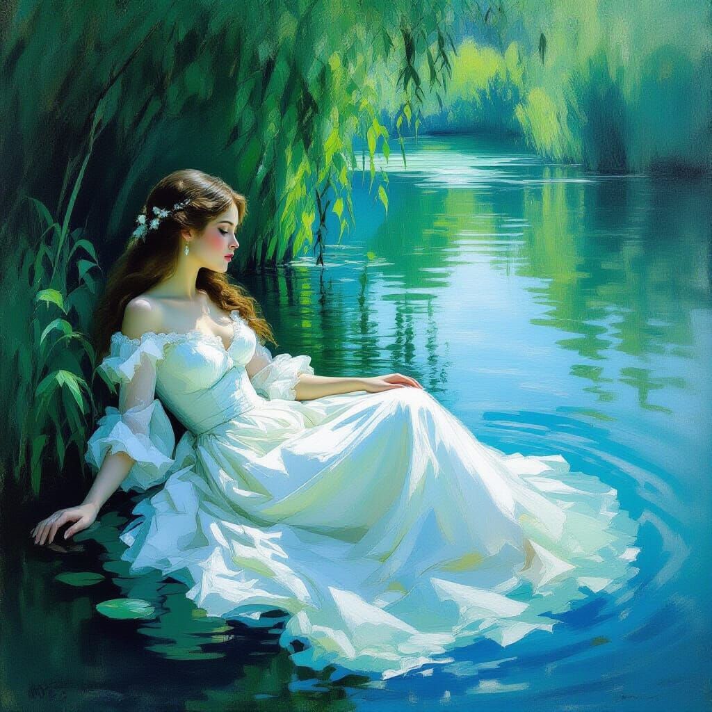 Ophelia in Lake: Impressionistic Mournful Scene