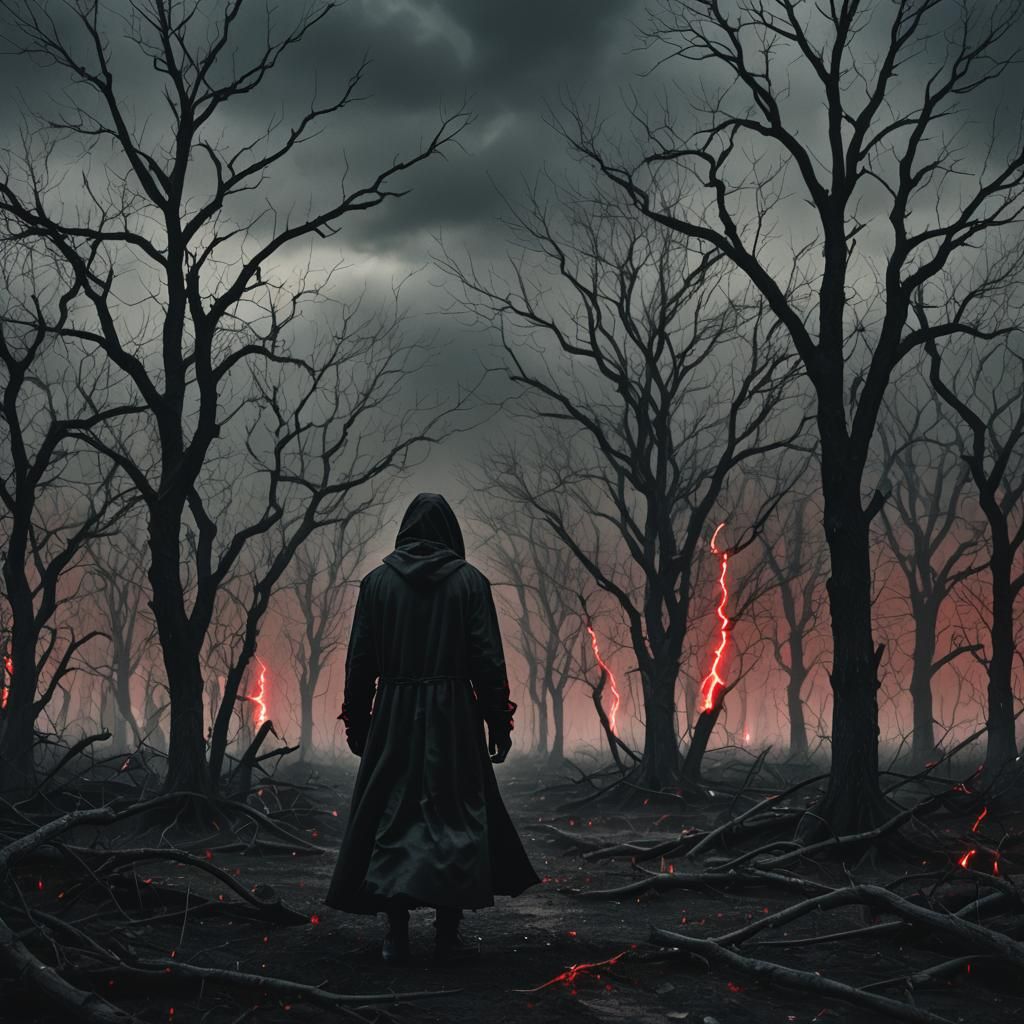 Ominous Dark Figure in Expressionist Landscape