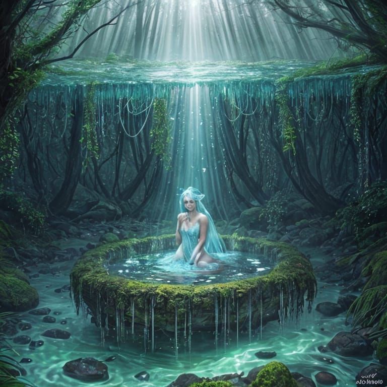 Ethereal Nymph Emerges From Enchanted Forest Pool
