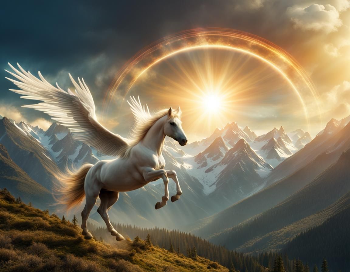 Pegasus Soaring Over Mountains in Rich Colors