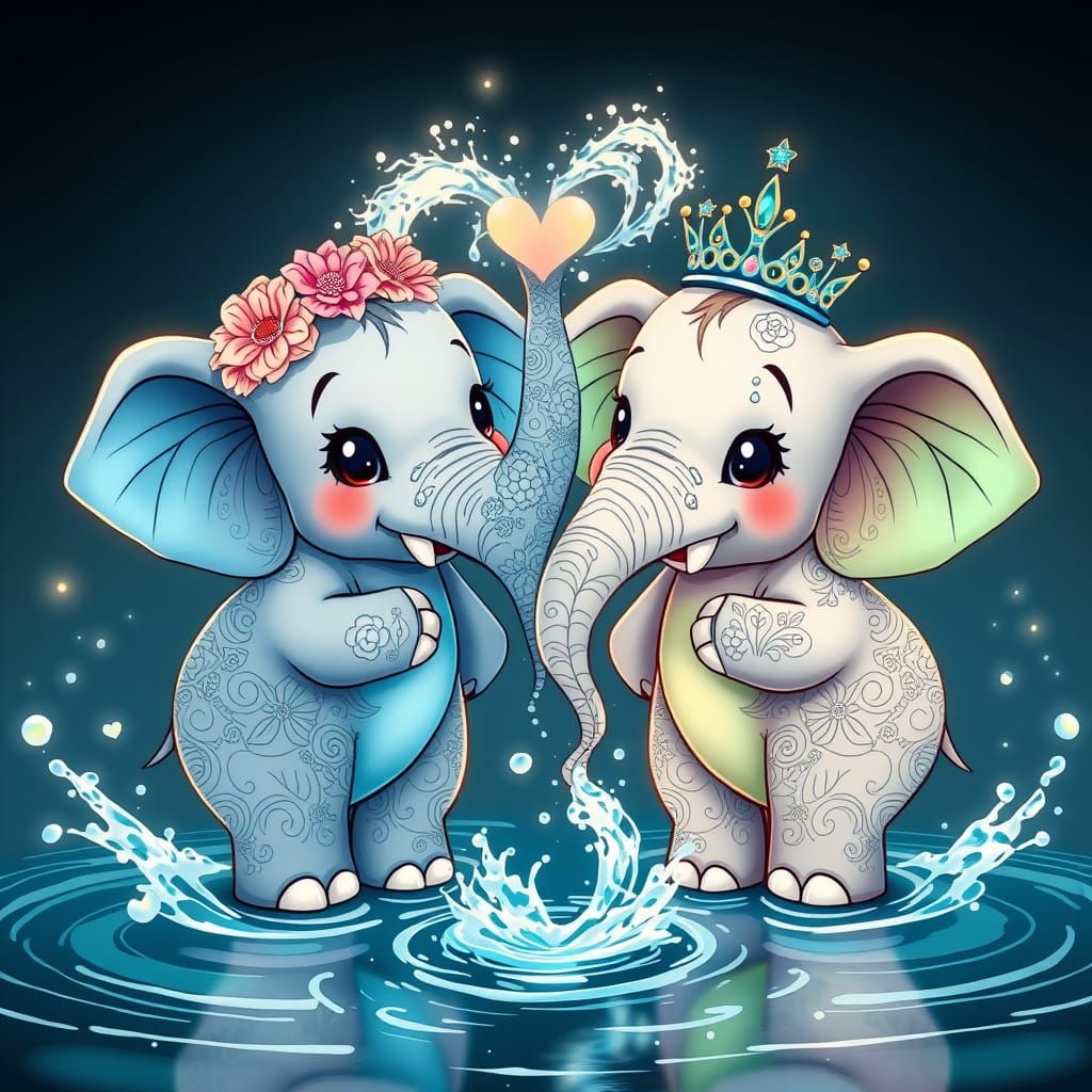 Cartoon Style Animal Couples, elephants xouple