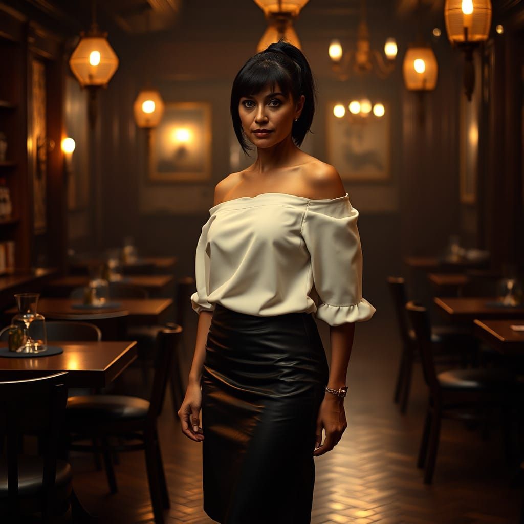 Elegant Italian Waitress in Atmospheric Bar