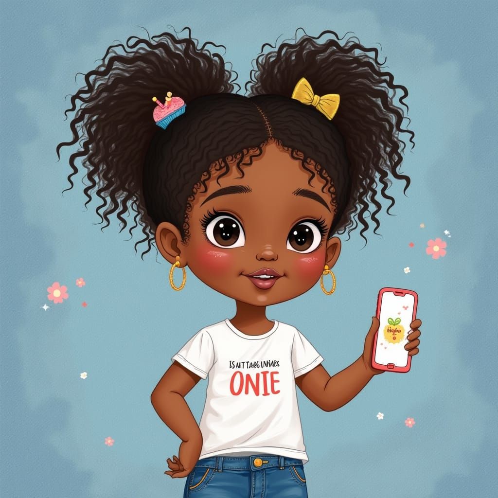 Girl with Phone Birthday Invitation in Whimsical Style