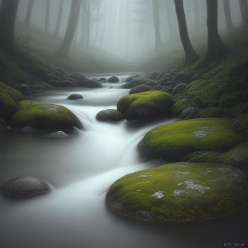 Serene Forest Stream: Digital Art in Muted Pastels