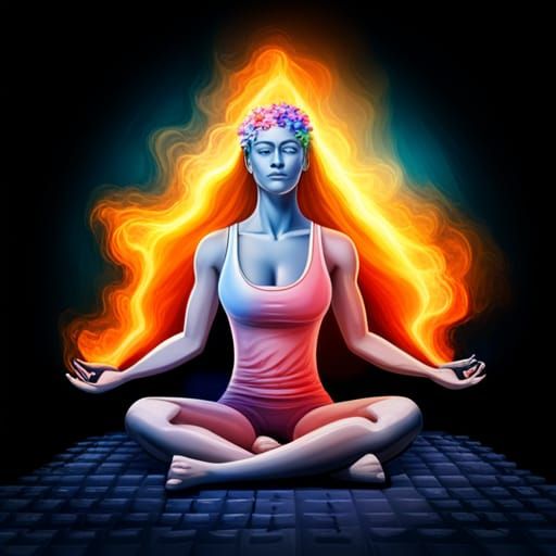 Meditating Fitness Goddess in Explosive Plasma Art