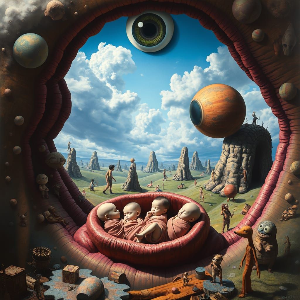 Surreal Dreamscape with Bizarre Figures and Giant Mouth