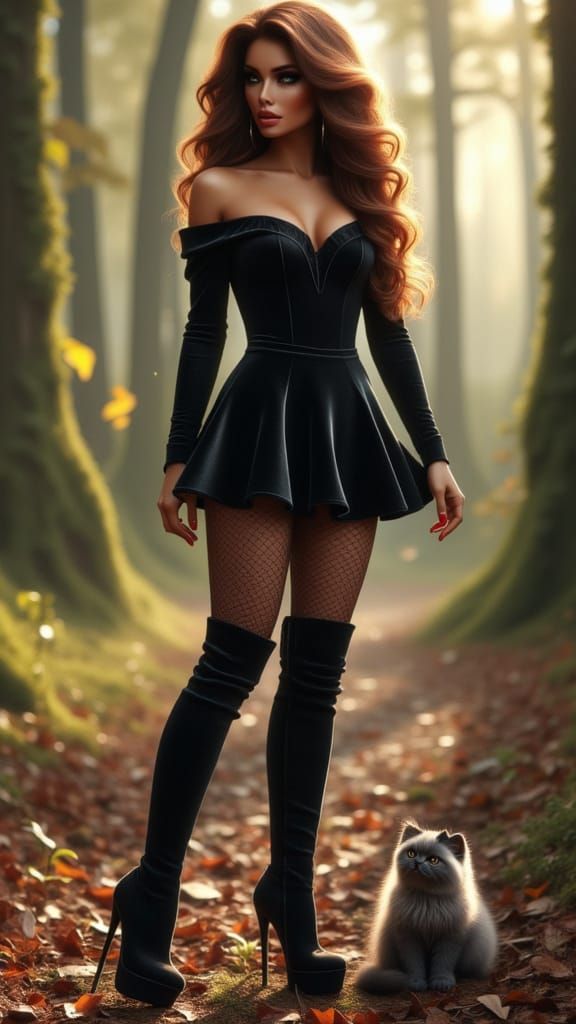 Woman in Velvet Dress Hiking Near Castle