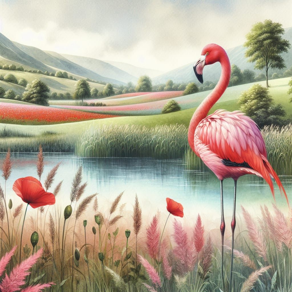 Elegant Flamingo in Watercolor Meadow Collage