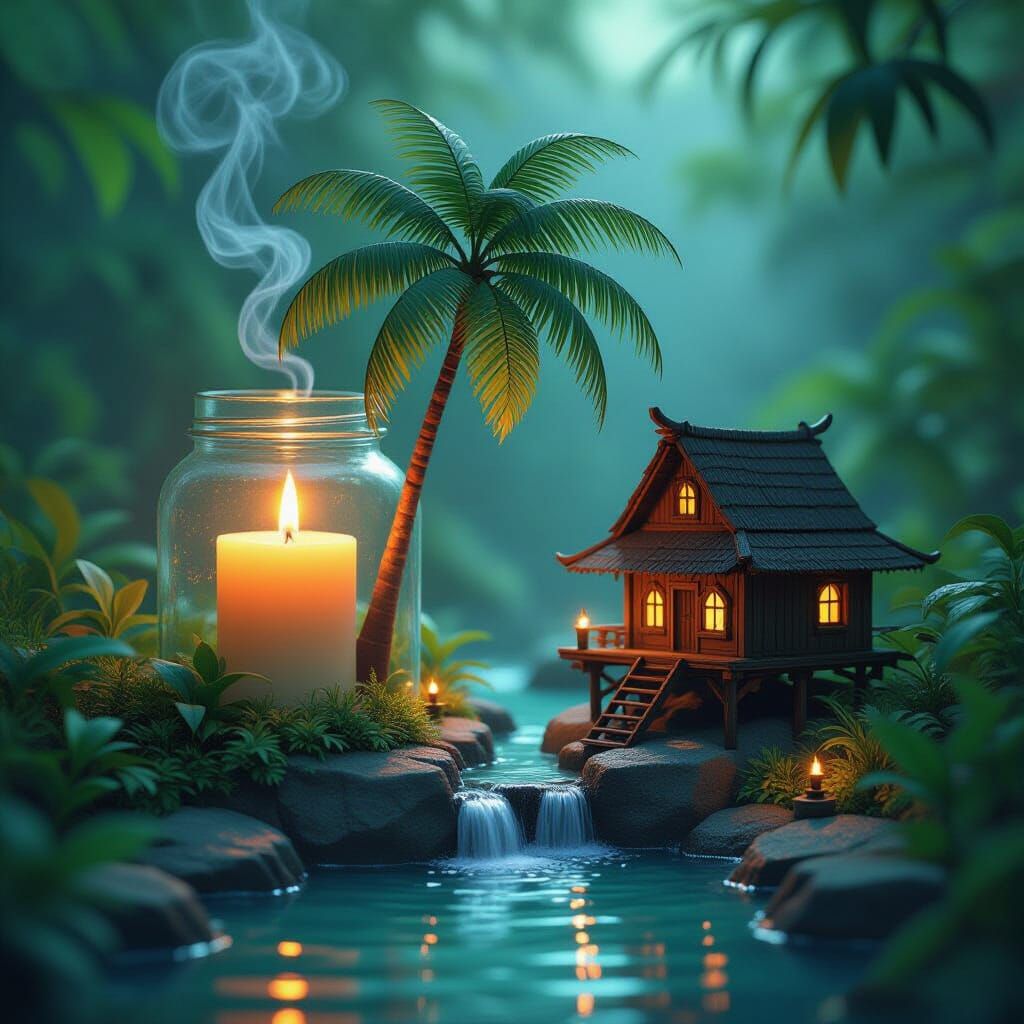Miniature Tropical World in Jar with Candle