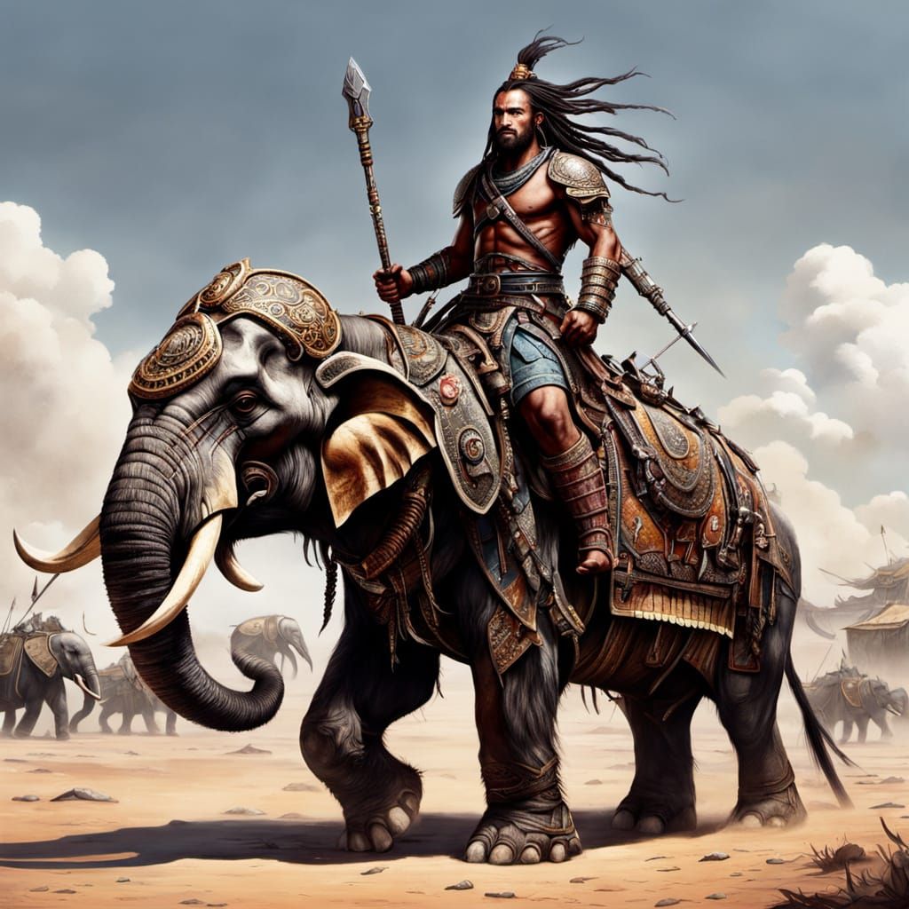 Armored Warrior on Elephant in Bloody Battlefield