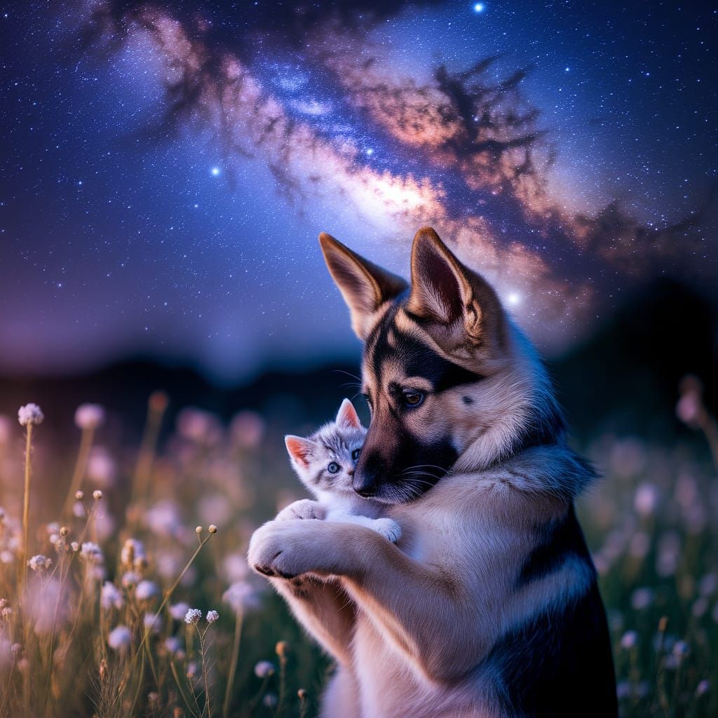 German Shepherd Hugs Kitten Under Starry Twilight Sky