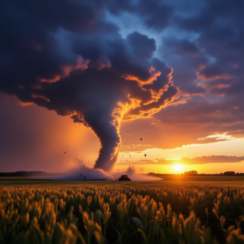Tornado Tears Through Farmland at Sunset, Photojournalism
