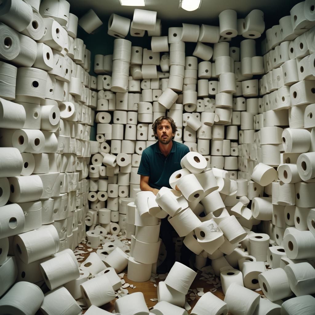 Man in Room Filled with Toilet Paper