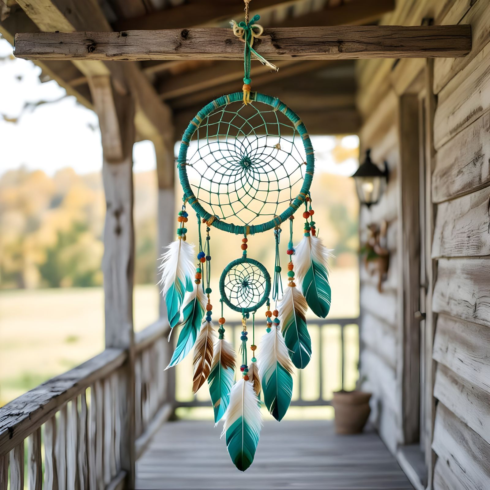 Green and Blue Dreamcatcher on Farmhouse Porch